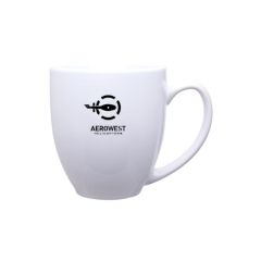white mug with an imprint of a helicopter and text below saying aerowest helicopters 