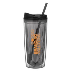 Black acrylic tumbler with matching lid and straw with an imprint saying branding solutions