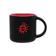 black mug with a red color inside and an imprint of a sun and text inside saying cune