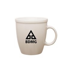 natural color ceramic mug with an imprint of a triangle and text below saying bdmg