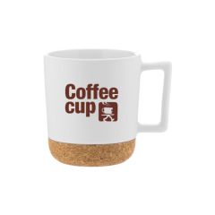 white ceramic mug with a cork base and an imprint saying coffee cup