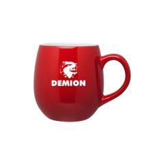 red mug with a white inside and an imprint that says demion