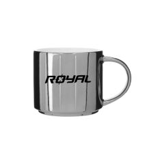 metallic mug with a white inside and an imprint text saying royal