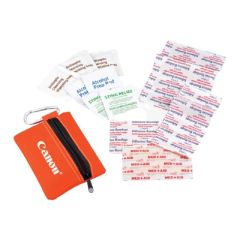 orange first aid pouch with a zippered compartment, carabiner clip, imprint saying canon, sting relief, bandages, alcohol pad, and cleansing wipes