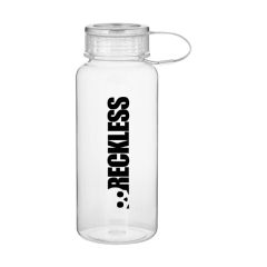 clear plastic bottle with a silver top and an imprint saying reckless