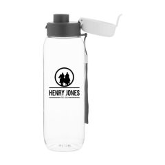 personalized clear bottle with a gray and white flip lid and strap and an imprint saying henry jones
