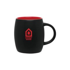black mug with a red inside and an imprint of a house and text below saying energy saver