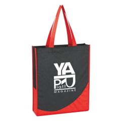 personalized red and black tote bag with carrying handles and an imprint saying ya r platt magazine