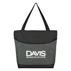 gray and black heathered tote bag with carrying handles, large front pocket, zippered main compartment, and an imprint saying davis insurance