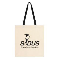 natural tote bag with an imprint saying sadus consulting services with black carrying handles