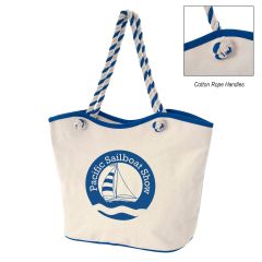 natural cotton tote bag with blue trims and with white and blue cotton rope handles