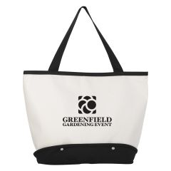 black and white cotton tote bag with mesh bottom with snap closure, carrying handles, and an imprint saying greenfield gardening event