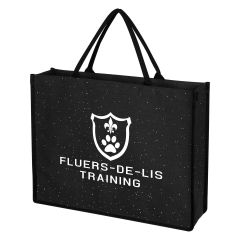 black cotton tote bag with carrying handles, glitter, and an imprint saying fluers-de-lis training