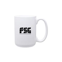 white mug with an imprint saying fsg and text below saying facility solutions group