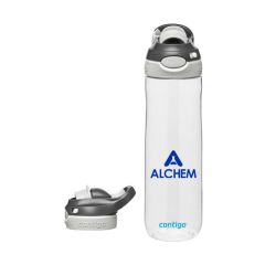 clear contigo bottle with gray and white wide mouth lid and an imprint saying alchem