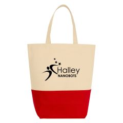 natural cotton tote bag with red bottom, carrying handles, and an imprint saying halley nanobots