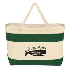 natural and green striped cotton tote bag with rope handles, top zippered closure, and an imprint saying into the mystic nautical shoppe
