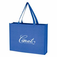 blue glitter tote bag with carrying handles and an imprint saying carat jeweler