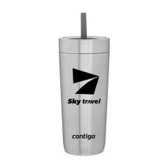 silver stainless steel tumbler with a gray straw and an imprint of two triangles and text below saying sky travel
