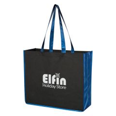 black tote bag with a blue metallic trim and an imprint on the front saying elfin holiday store
