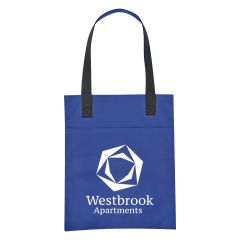 blue personalized tote bag with carrying handles and an imprint saying westbrook apartments