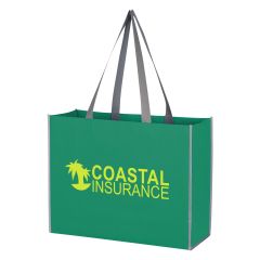 green tote bag with gray carrying handles, reflective strip, and an imprint on the front saying coastal insurance