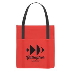 red tote bag with front pocket, black carrying handles, and an imprint saying gallagher seafood
