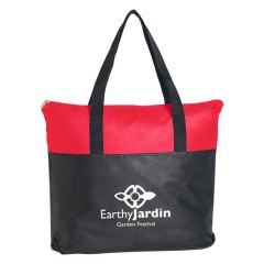 red and black tote bag with carrying handles and zippered main compartment