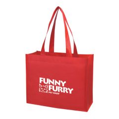 personalized red tote bag with carrying handle and an imprint saying funny furry pet shop