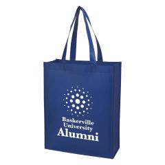 blue tote bag with carrying handles and an imprint saying baskerville university alumni