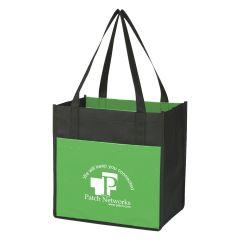 personalized tote bag with laminated front pocket and carrying handles