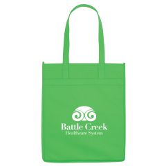 green tote bag with carrying handles and an imprint saying battle creek healthcare system