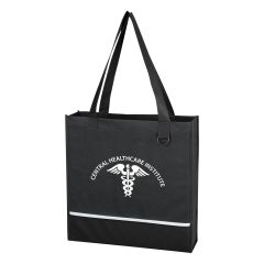 personalized black tote bag with ring attachment, carrying handles, and an imprint saying central healthcare institute