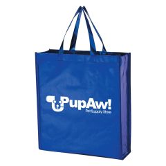 blue metallic tote bag with carrying handles and an imprint saying pupaw! pet supply store
