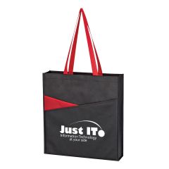 black tote bag with two large pockets and red carrying handles