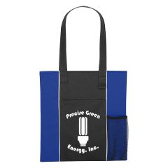 blue and black tote bag with front pocket, side mesh pocket, carrying handles, and an imprint saying precise green energy, inc.