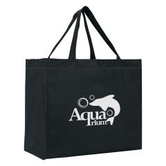 black tote bag with carrying handles and an imprint of a dolphin and text below saying aquarium