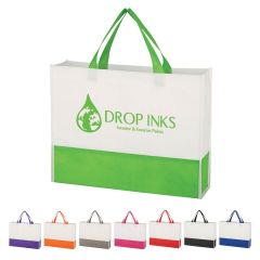 a group of white tote bags with green, purple, orange, gray, magenta, red, black, and blue trimming