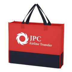 personalized red tote bag with a black base and carrying handles, and an imprint saying jpc airline transfer