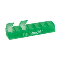 green translucent pill case with an imprint saying hello health