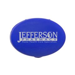 blue oval pill box with an imprint saying jefferson pharmacy home health care specialists