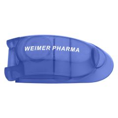 translucent blue pill cutter with an imprint saying weimer pharma