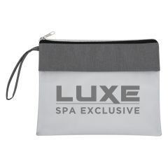 Gray and frosted carrying pouch with wrist handle and zippered main compartment