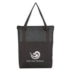 Black crosshatch tote bag with front pocket, zippered main compartment, and carrying handles and an imprint saying expo art museum