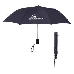 a pewter colored umbrella with a wrist strap, matching sleeve, and an imprint saying Starlite Banking