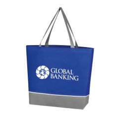 personalized two-tone blue and gray non-woven tote bag with carrying handles and an imprint saying global banking