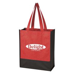 red and black crosshatch tote bag with carrying handles and an imprint saying delight food suppliers