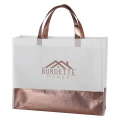 personalized rose gold metallic tote bag with carrying handle and an imprint saying burdette homes