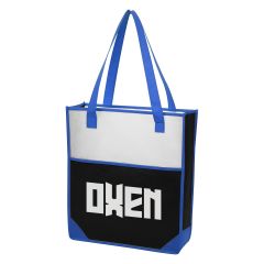 blue tote bag with carrying handle and imprint saying oxen