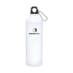 White aluminum bottle with a black screwable top that includes a silver carabiner clip and an imprint that says 2SDIGITAL